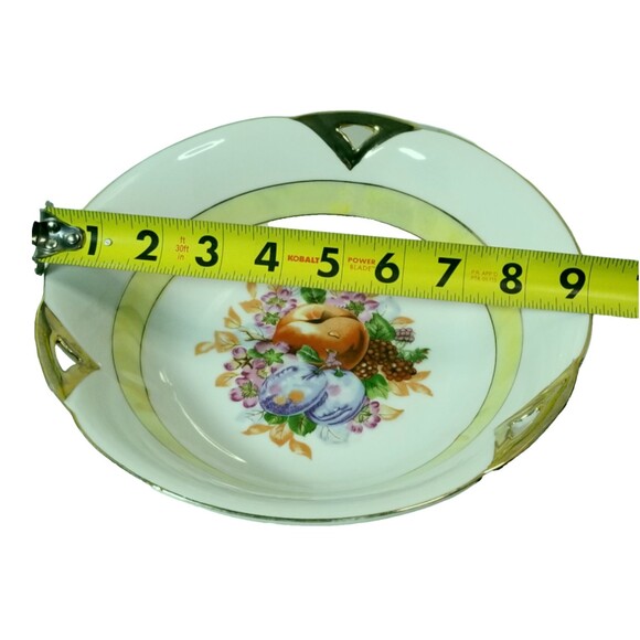 Vintage White Gold 9" Serving Bowl Fruit Design Yellow Plum Flowers Decorative - Picture 5 of 5
